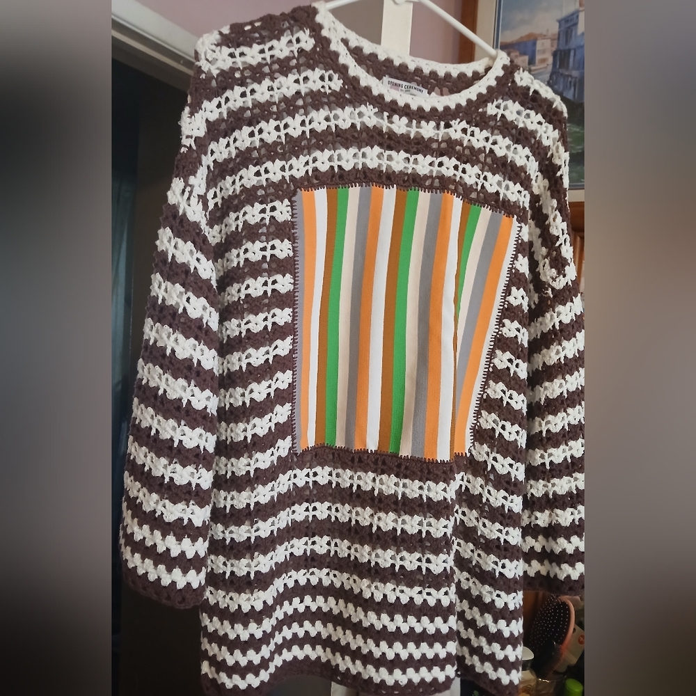Opening Ceremony Brown and White Crochet Top with Striped Panel
